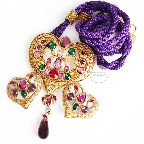 Christian Lacroix Statement Necklace Large Heart Pendant Glass Cabochons Vintage - Picture 12 of 12
